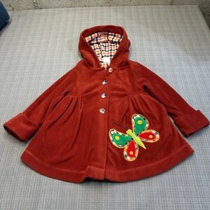Maria Elena Girls Red Fleece Hooded Coat 4T Butterfly Patch Gingham Lining Cute